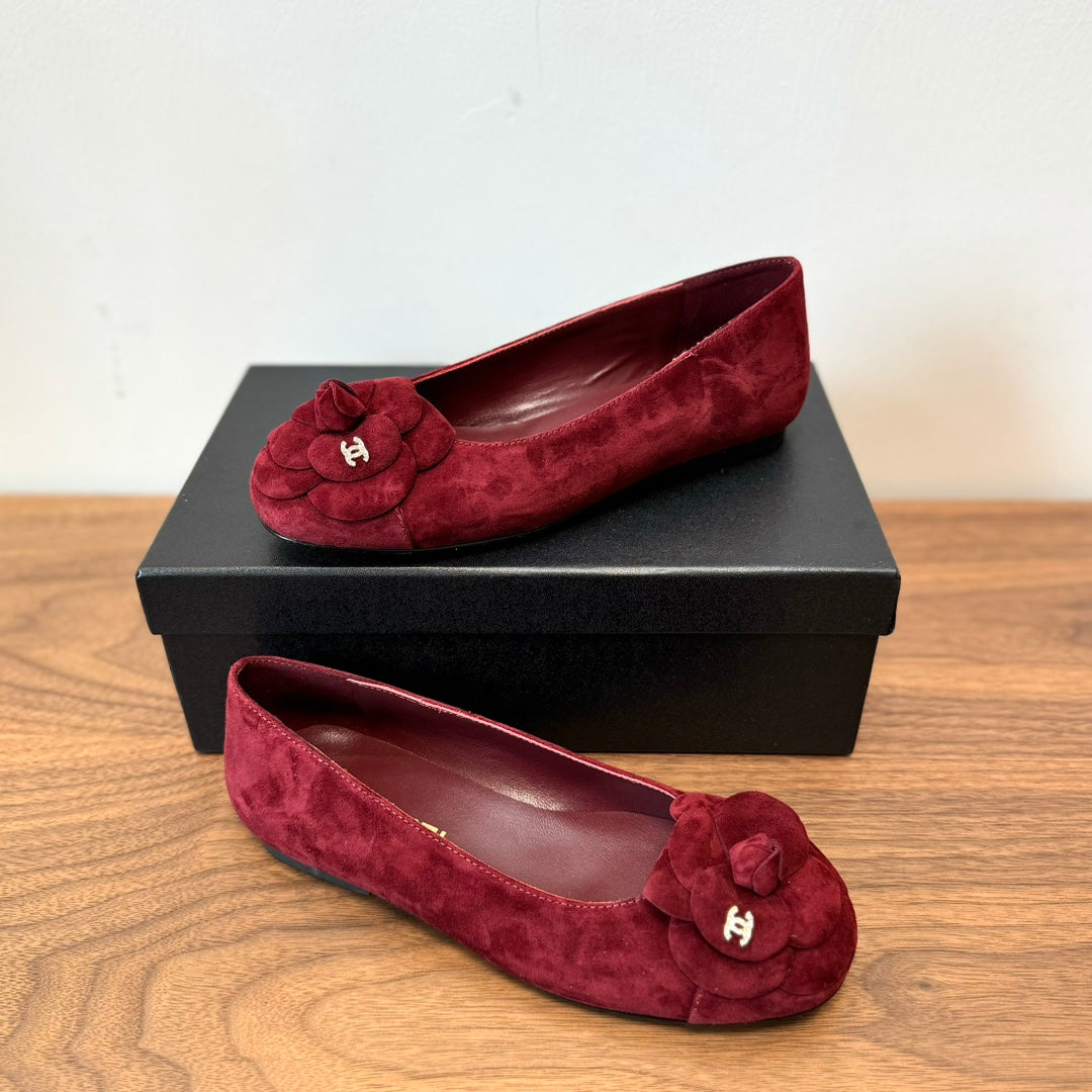 CHANEL Ballet Flats Red With Camellia Red Suede
