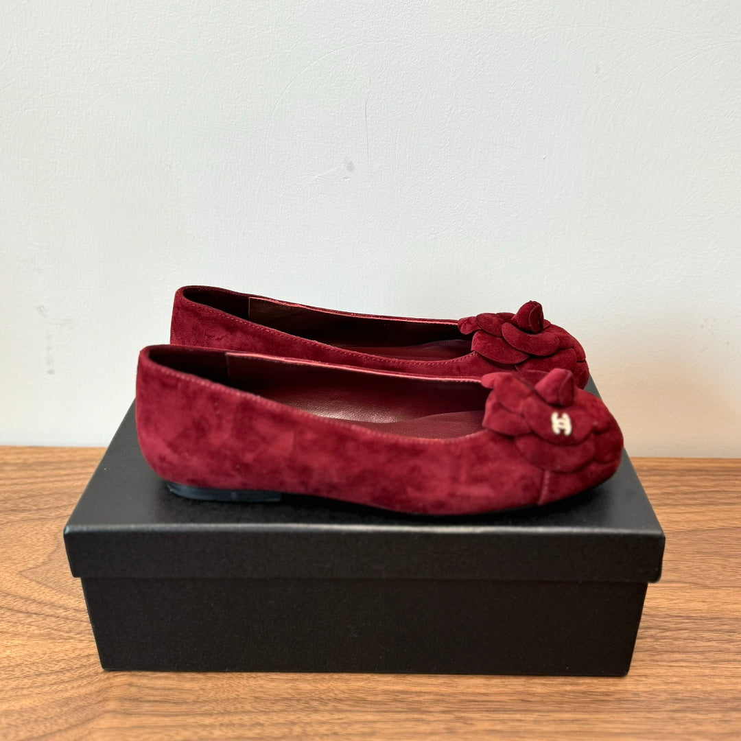 CHANEL Ballet Flats Red With Camellia Red Suede