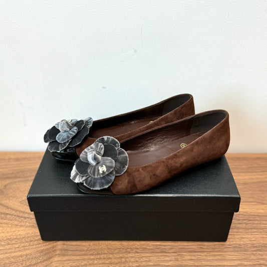 CHANEL Ballet Flats Dark Brown With Camellia Grey Suede