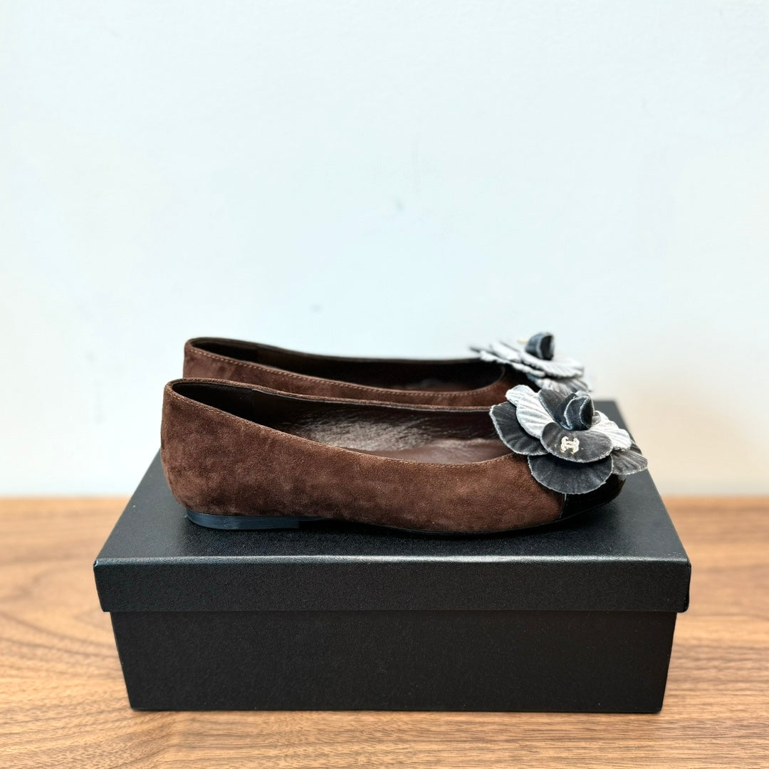 CHANEL Ballet Flats Dark Brown With Camellia Grey Suede