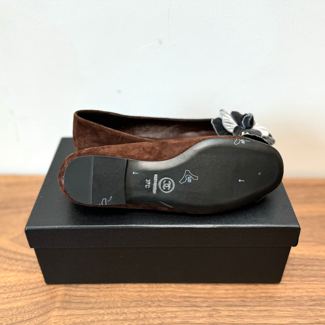 CHANEL Ballet Flats Dark Brown With Camellia Grey Suede