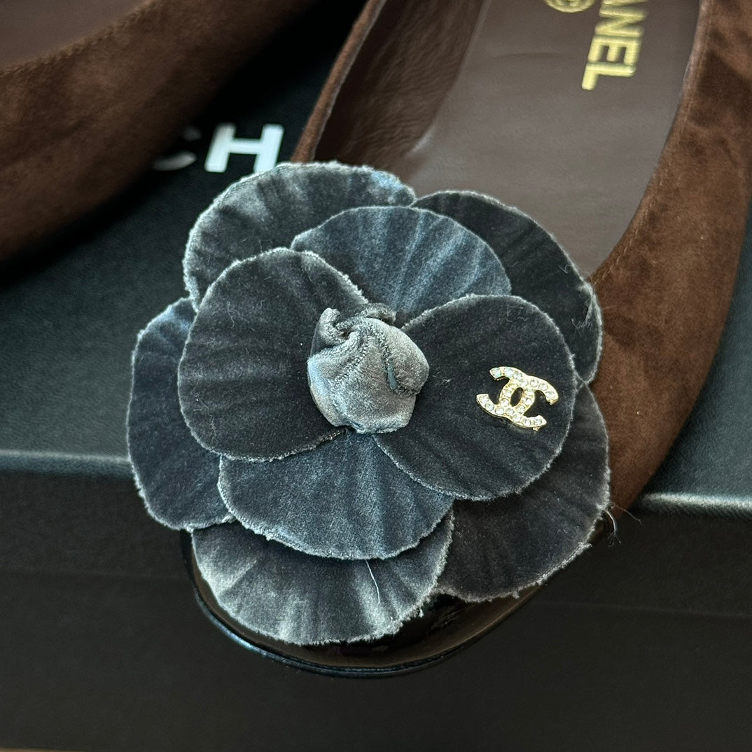 CHANEL Ballet Flats Dark Brown With Camellia Grey Suede
