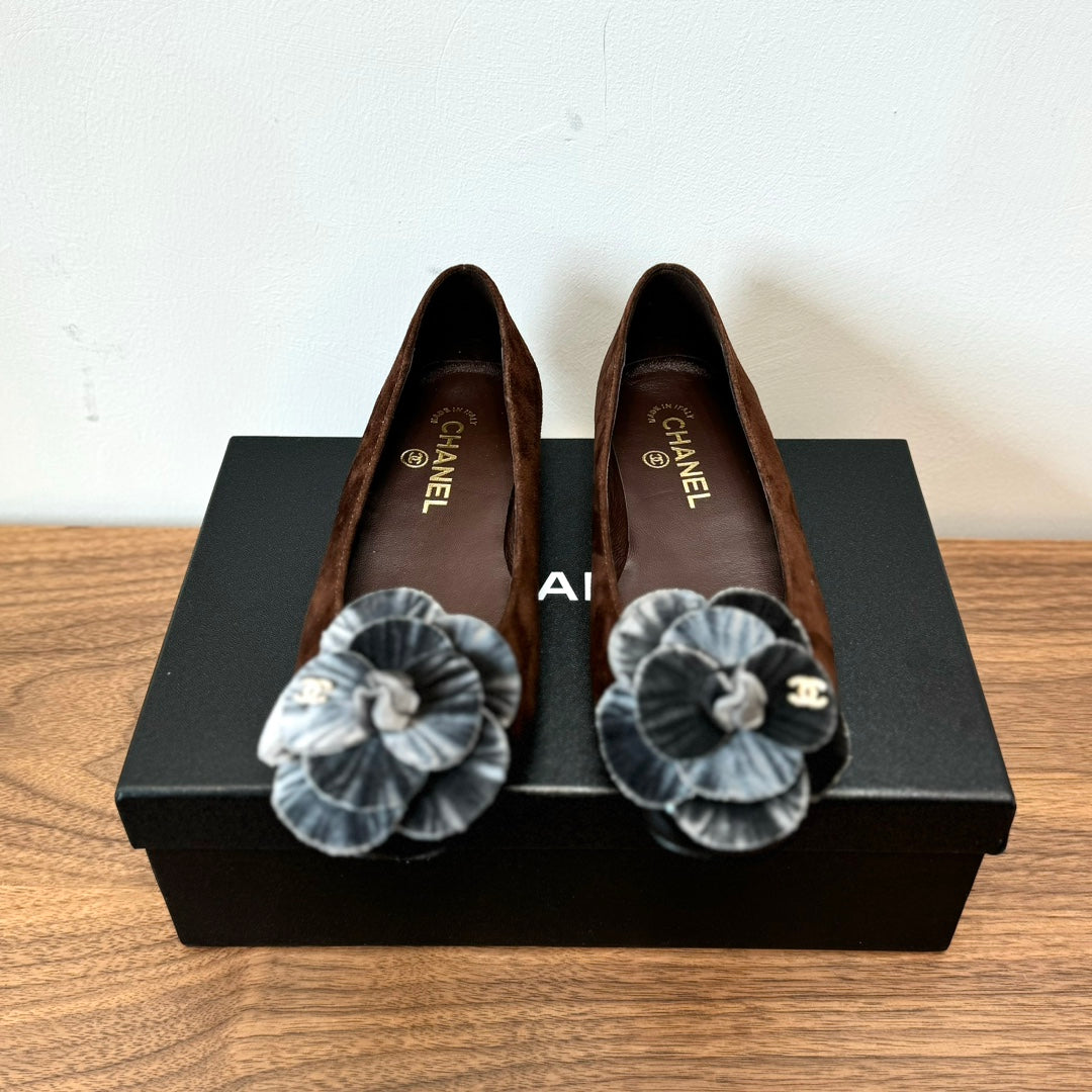 CHANEL Ballet Flats Dark Brown With Camellia Grey Suede