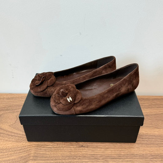 CHANEL Ballet Flats Dark Brown With Camellia Dark Brown Suede