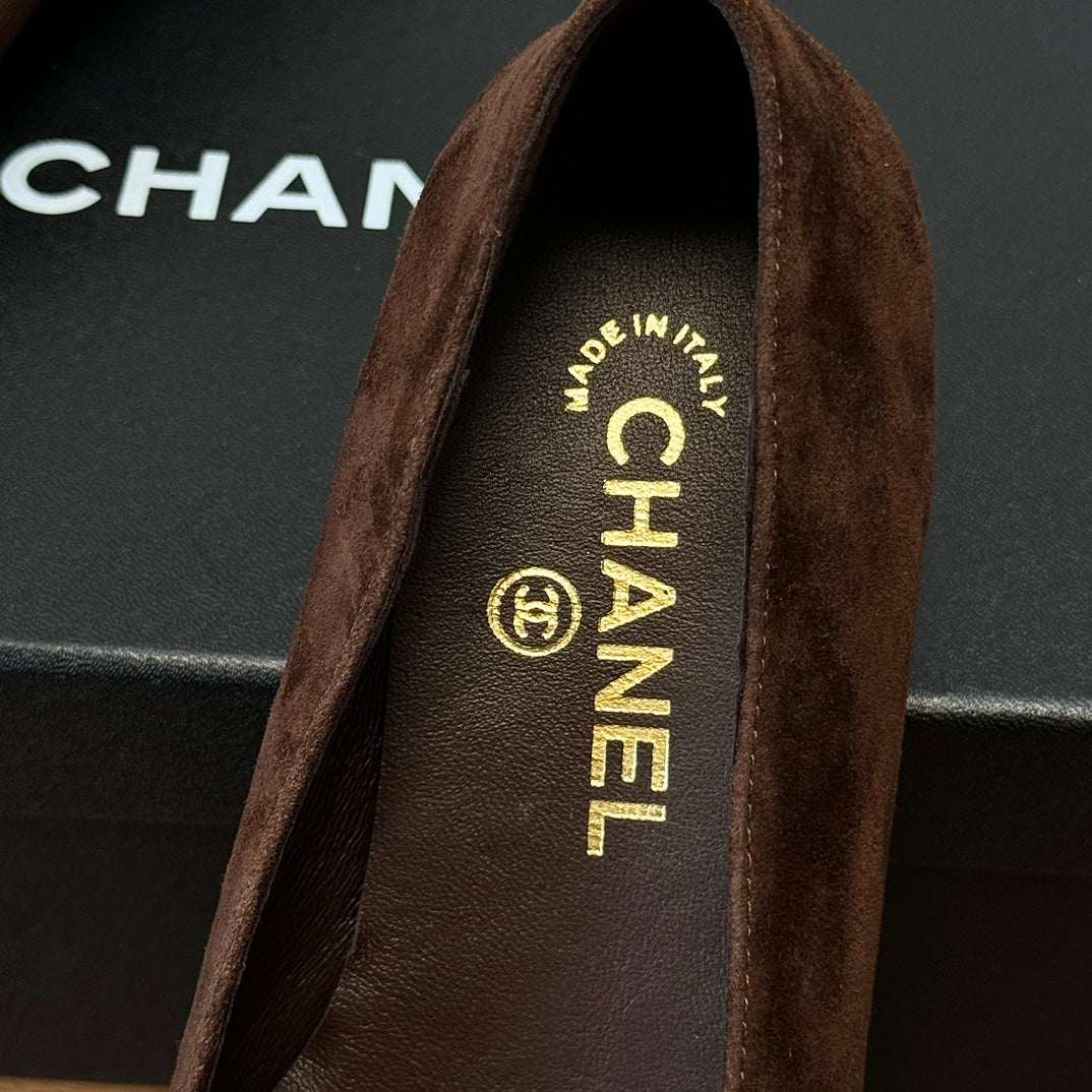 CHANEL Ballet Flats Dark Brown With Camellia Dark Brown Suede