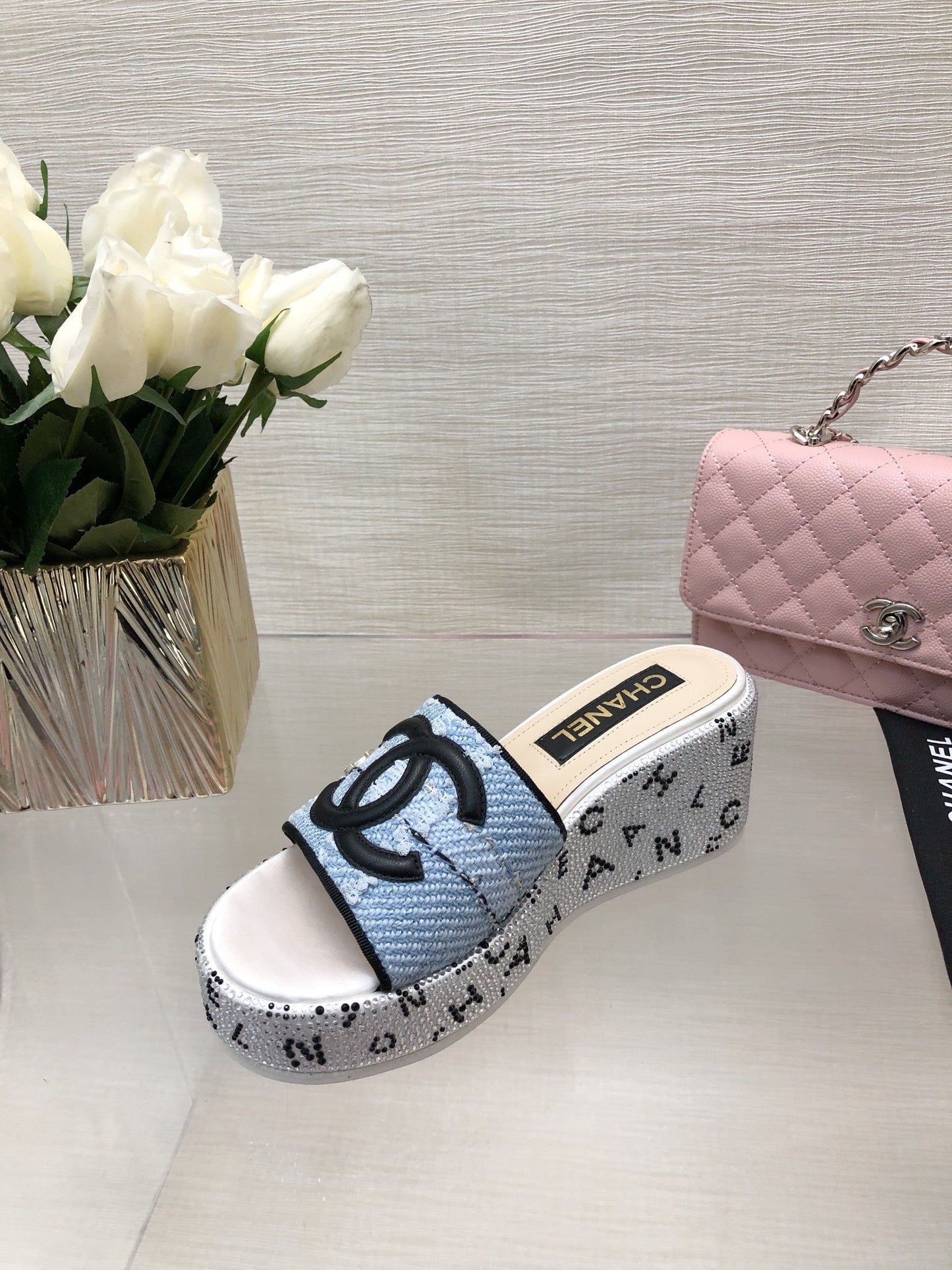 CHANEL 25C Platform Slide Sandals Steed Blue Fabric 213131