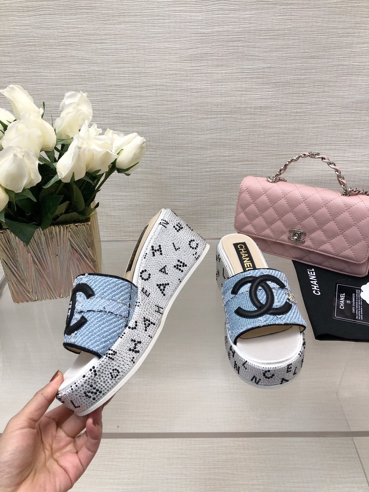 CHANEL 25C Platform Slide Sandals Steed Blue Fabric 213131
