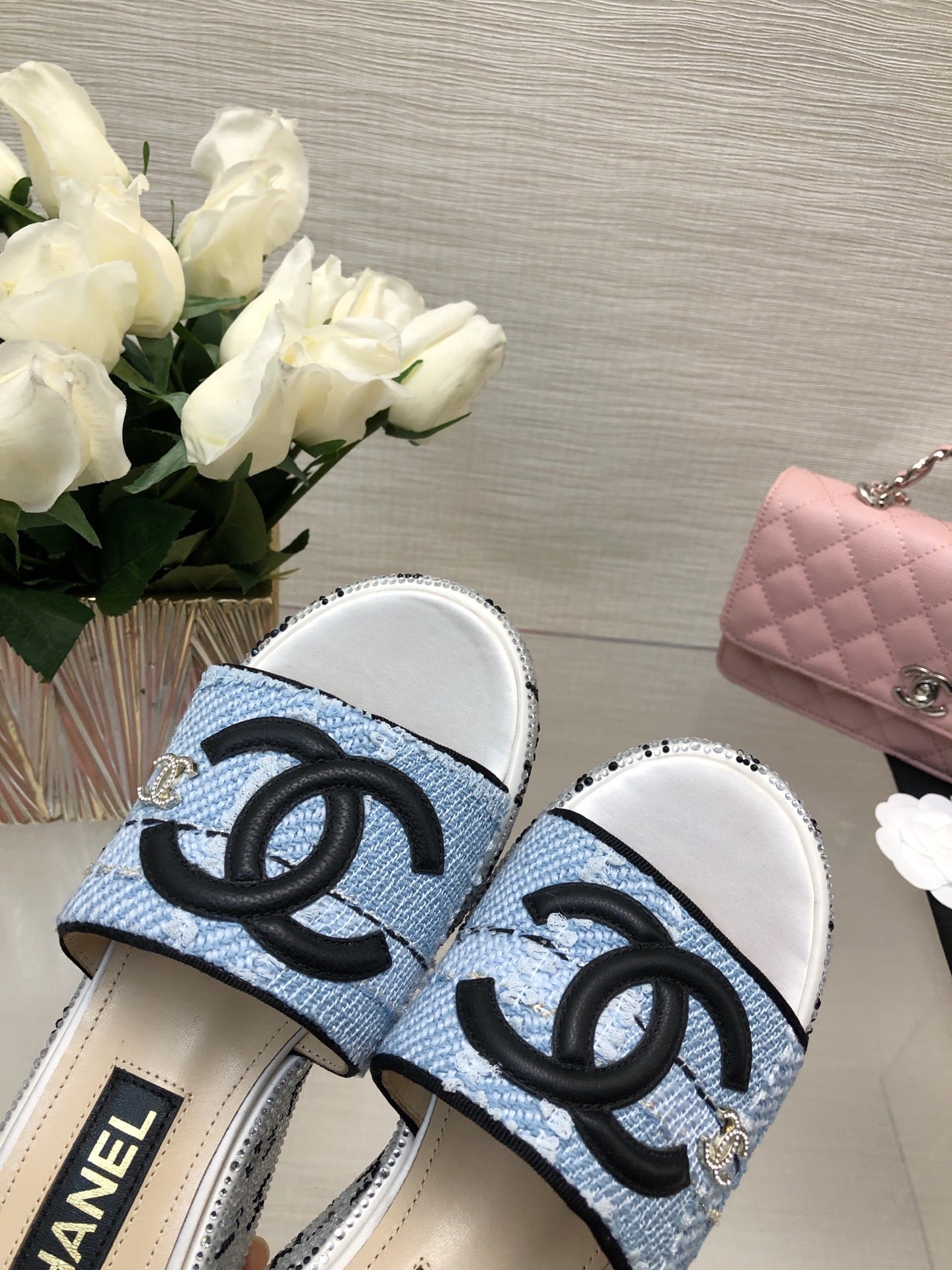 CHANEL 25C Platform Slide Sandals Steed Blue Fabric 213131