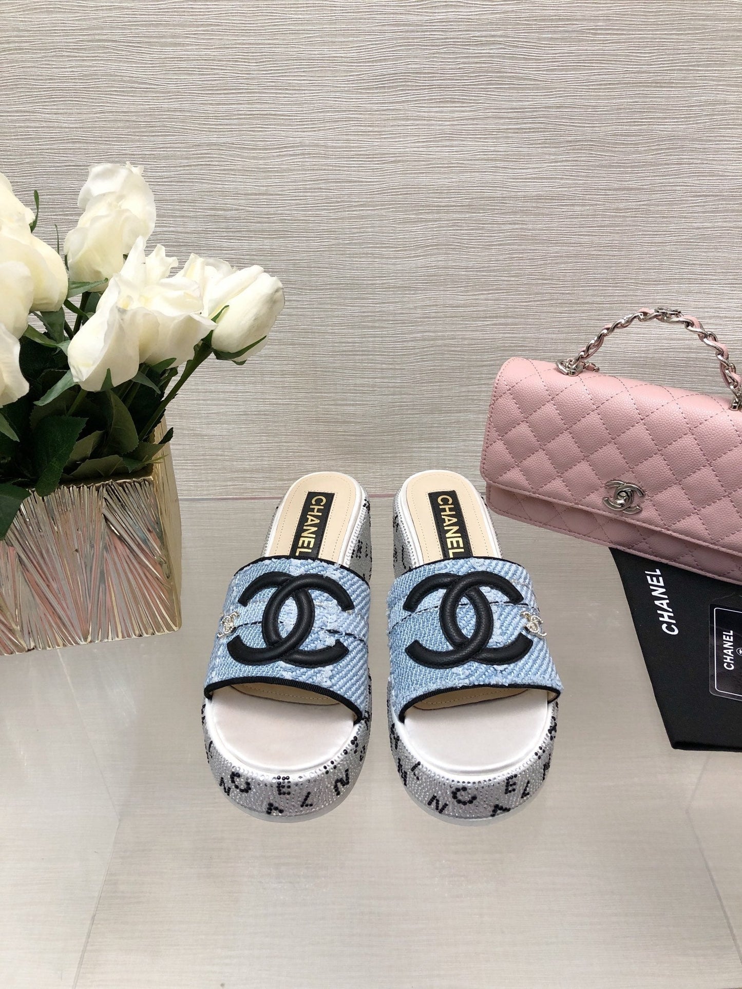 CHANEL 25C Platform Slide Sandals Steed Blue Fabric 213131