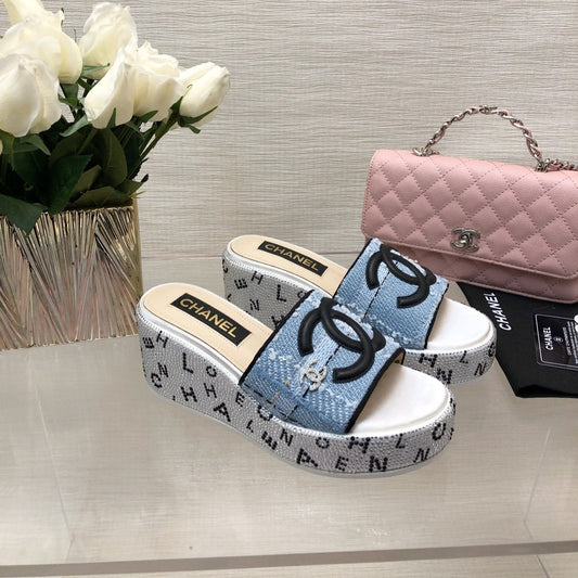 CHANEL 25C Platform Slide Sandals Steed Blue Fabric 213131