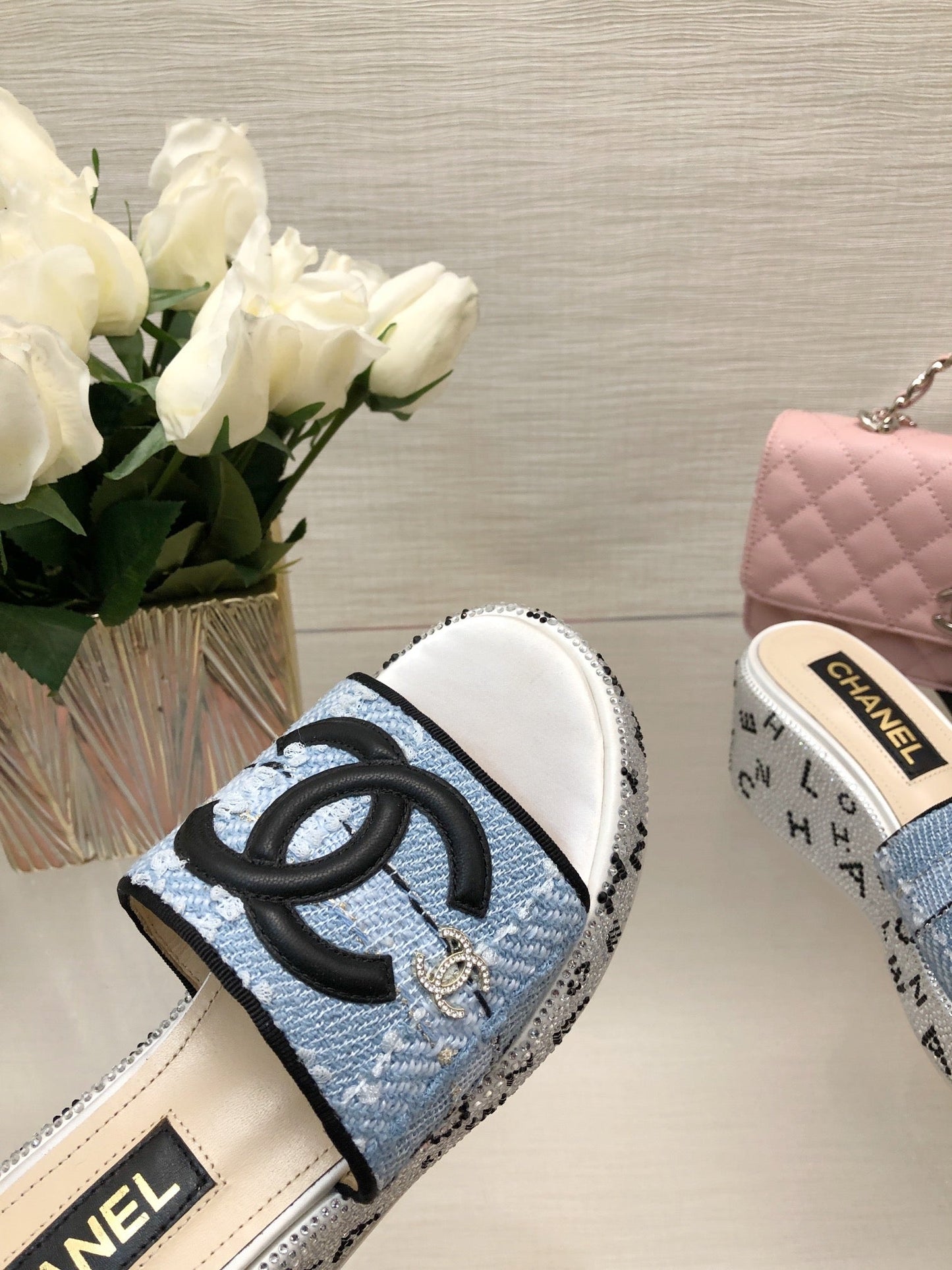 CHANEL 25C Platform Slide Sandals Steed Blue Fabric 213131