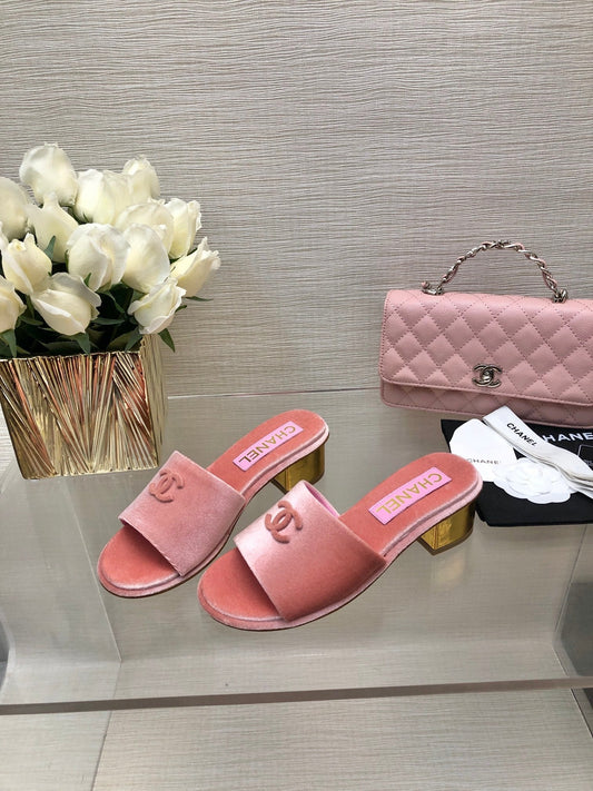 CHANEL 25C Mid Heel Mule Pink Velvet Substance 212953