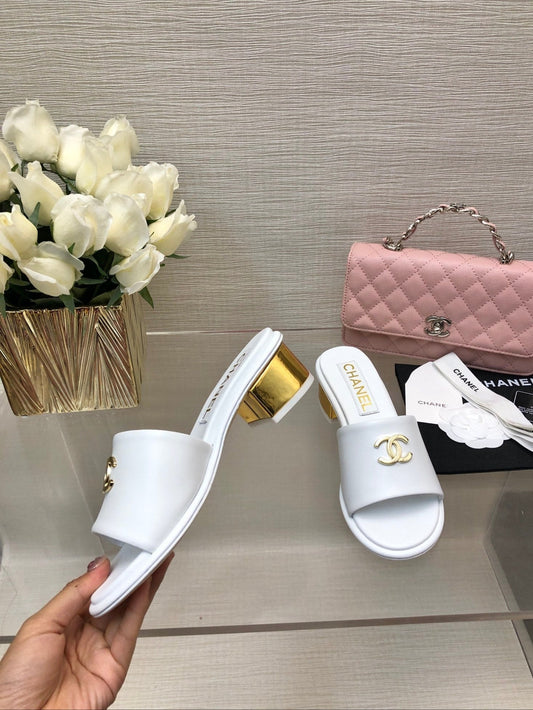 CHANEL 25C Mid Heel Mule White Genuine Calfskin 212954