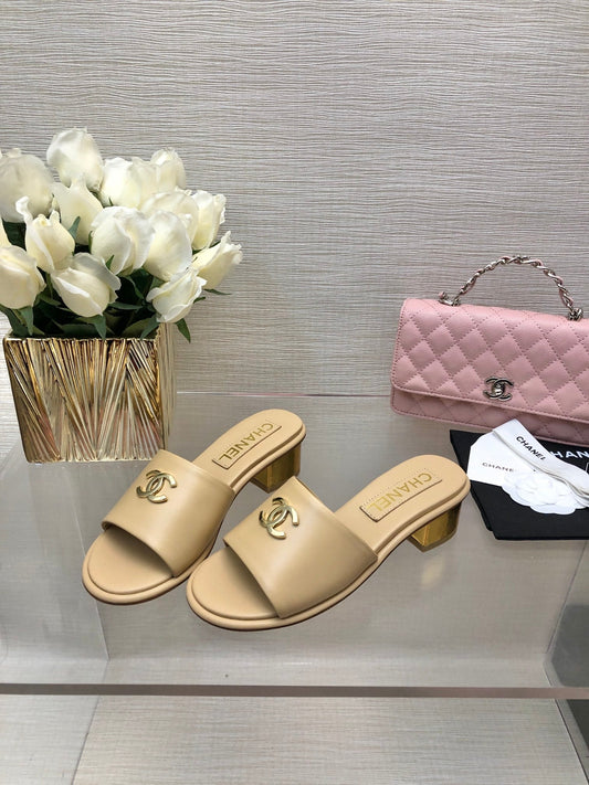 CHANEL 25C Mid Heel Mule Cream Genuine Calfskin 212955