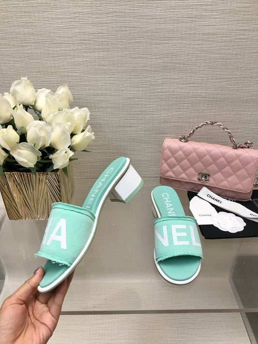 CHANEL 25C Mid Heel Mule Turquoise Fabric Material 212957