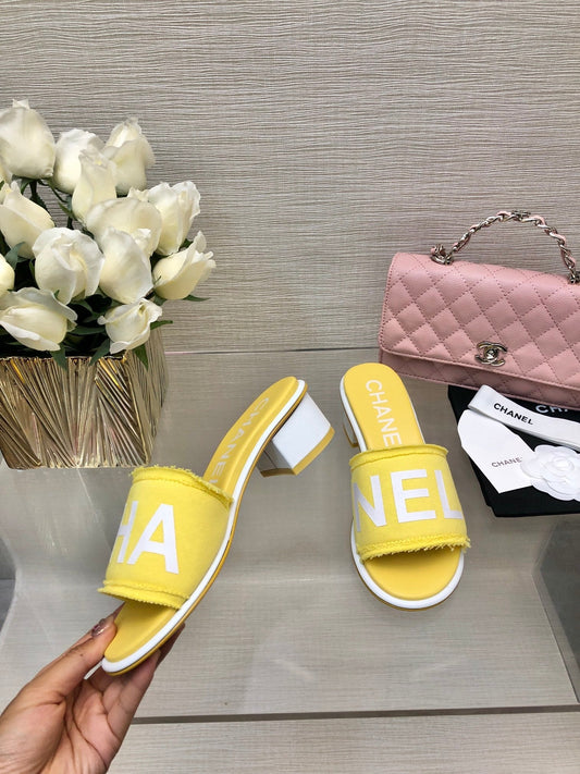 CHANEL 25C Mid Heel Mule Yellow Fabric Material 212958