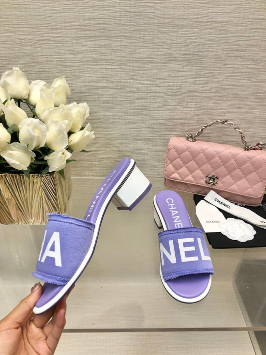 CHANEL 25C Mid Heel Mule Pearl Violet Fabric Material 212960
