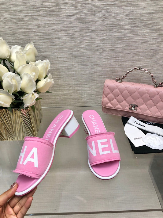 CHANEL 25C Mid Heel Mule Pink Fabric Material 212962