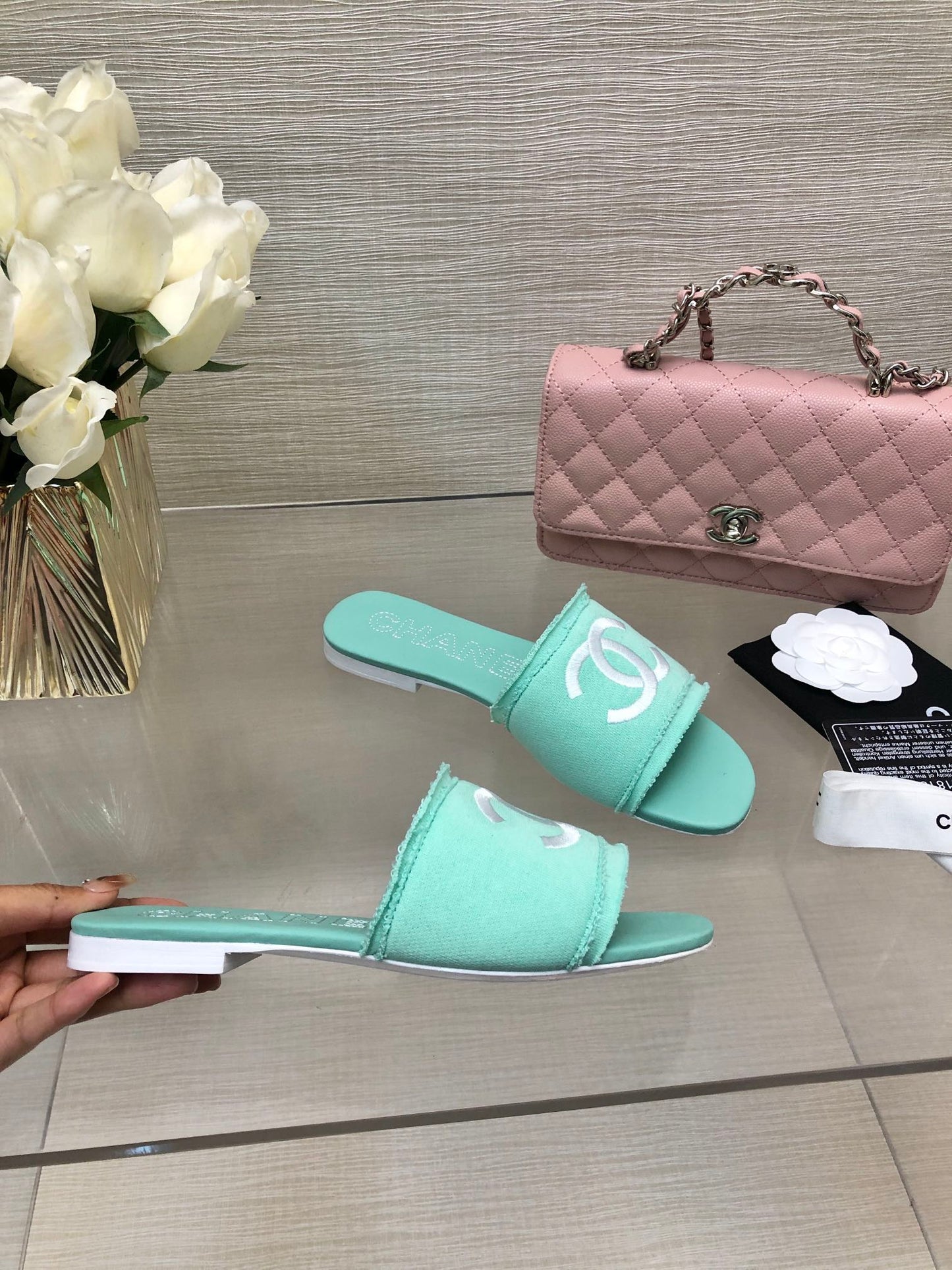 CHANEL 25C Slippers Turquoise Fabric Material 212963