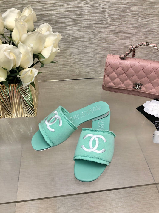 CHANEL 25C Slippers Turquoise Fabric Material 212963