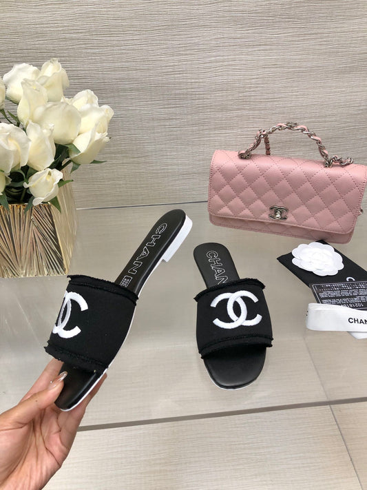 CHANEL 25C Slippers Black Fabric Material 212964