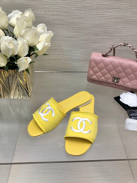 CHANEL 25C Slippers Yellow Fabric Material 212965