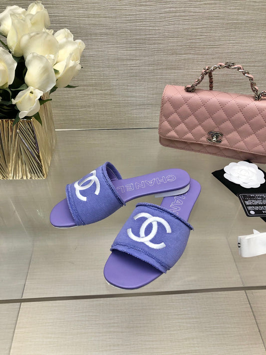 CHANEL 25C Slippers Purple Fabric Material 212966