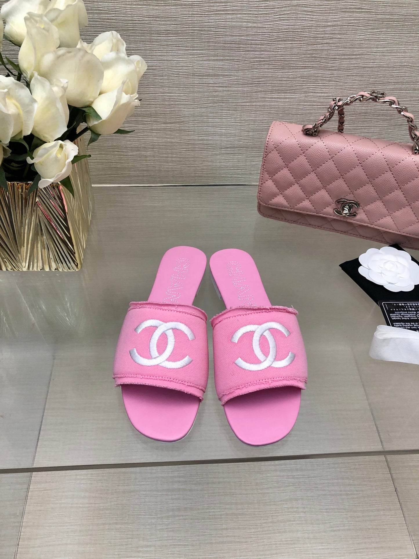 CHANEL 25C Slippers Pink Fabric Material 212967