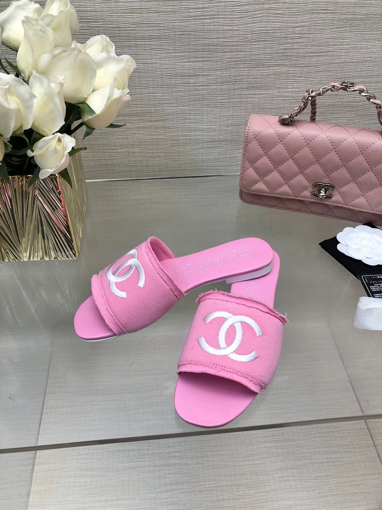 CHANEL 25C Slippers Pink Fabric Material 212967