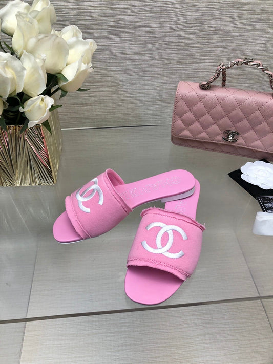 CHANEL 25C Slippers Pink Fabric Material 212967