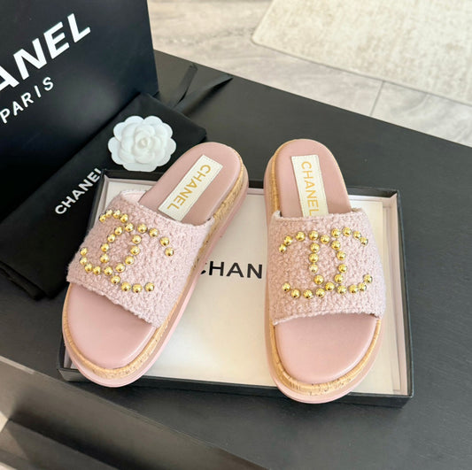 CHANEL 25C Slippers Pink Satin Fabric 212977
