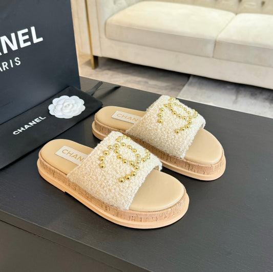CHANEL 25C Slippers Cream Satin Fabric 212978