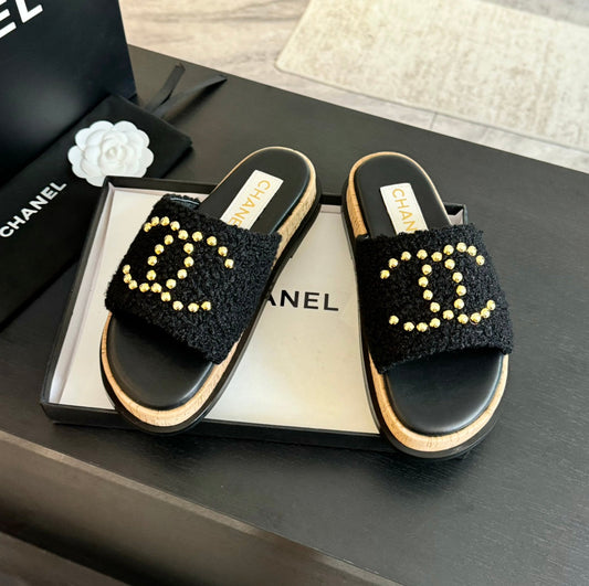 CHANEL 25C Slippers Black Satin Fabric 212979