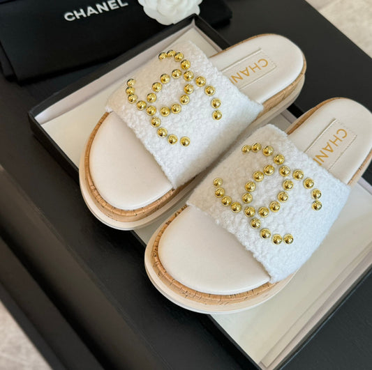 CHANEL 25C Slippers White Satin Fabric 212980