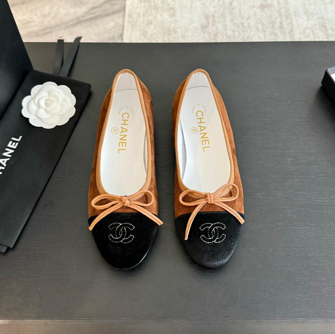 CHANEL ballet flat dark brown suede black canvas