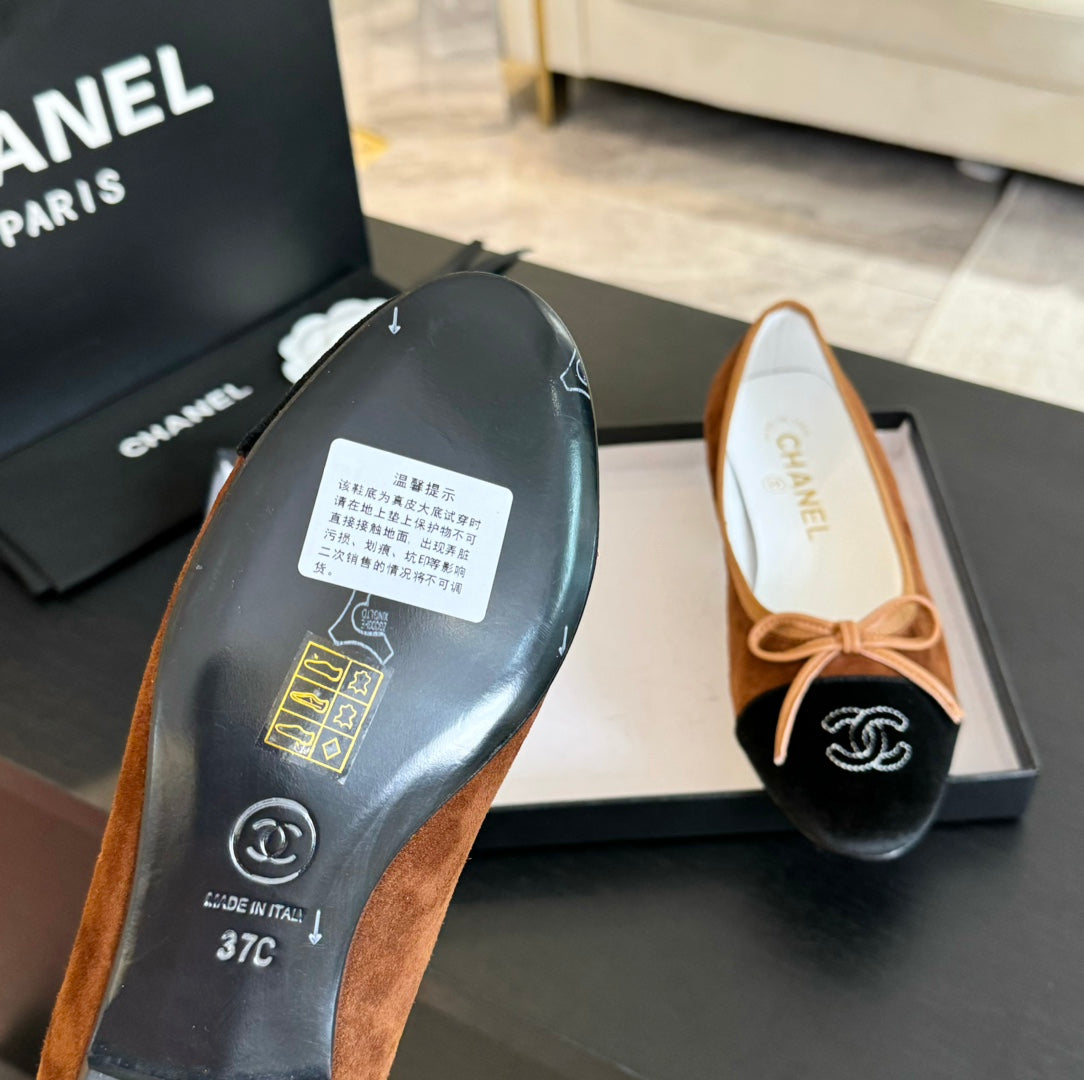 CHANEL ballet flat dark brown suede black canvas