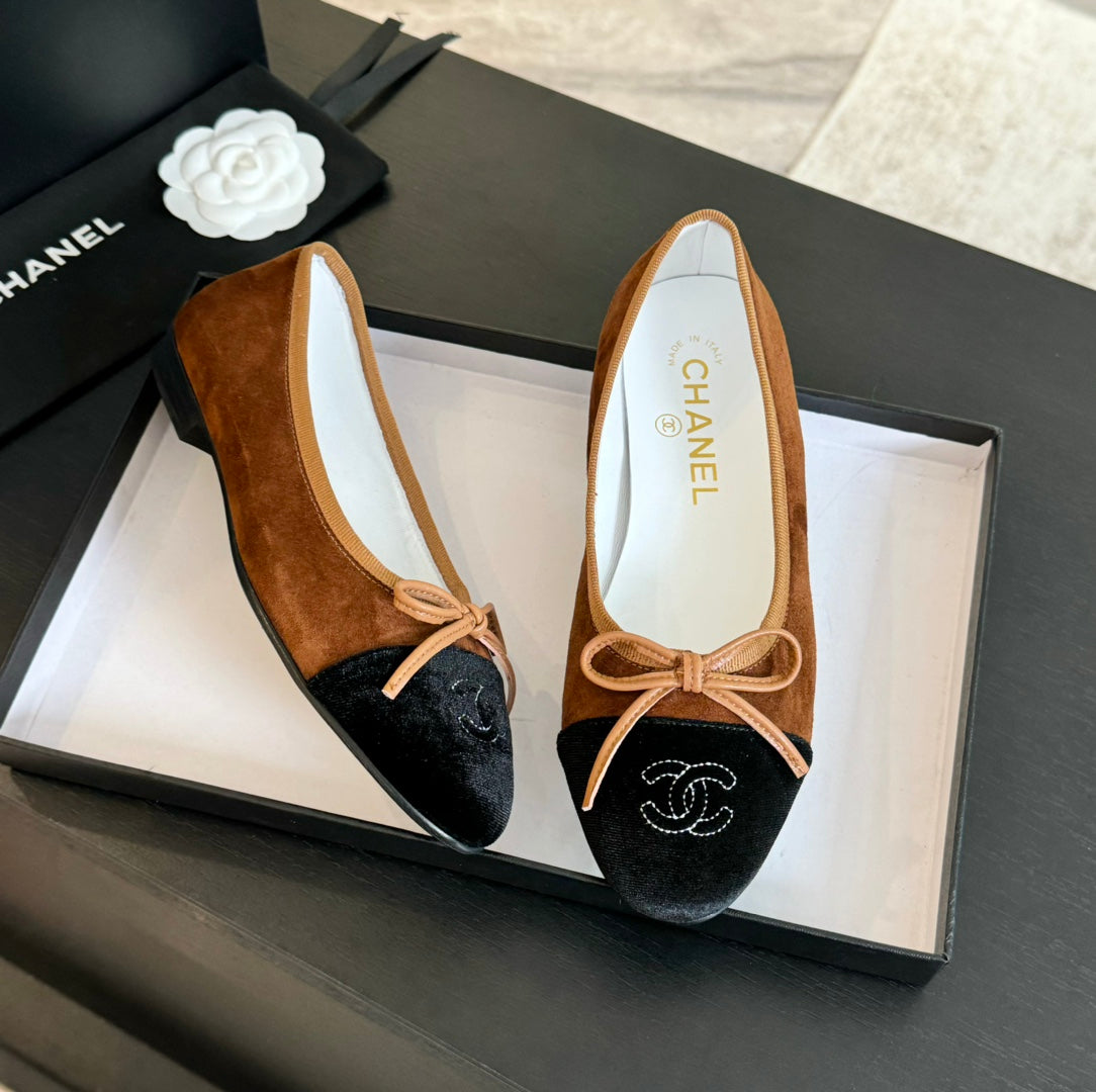CHANEL ballet flat dark brown suede black canvas
