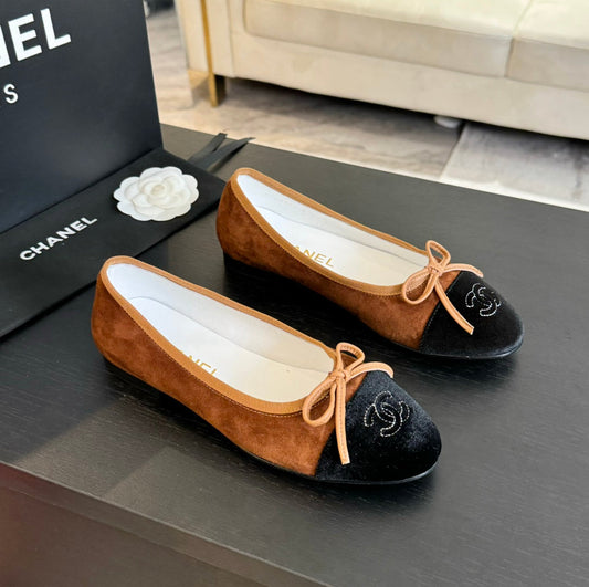 CHANEL ballet flat dark brown suede black canvas