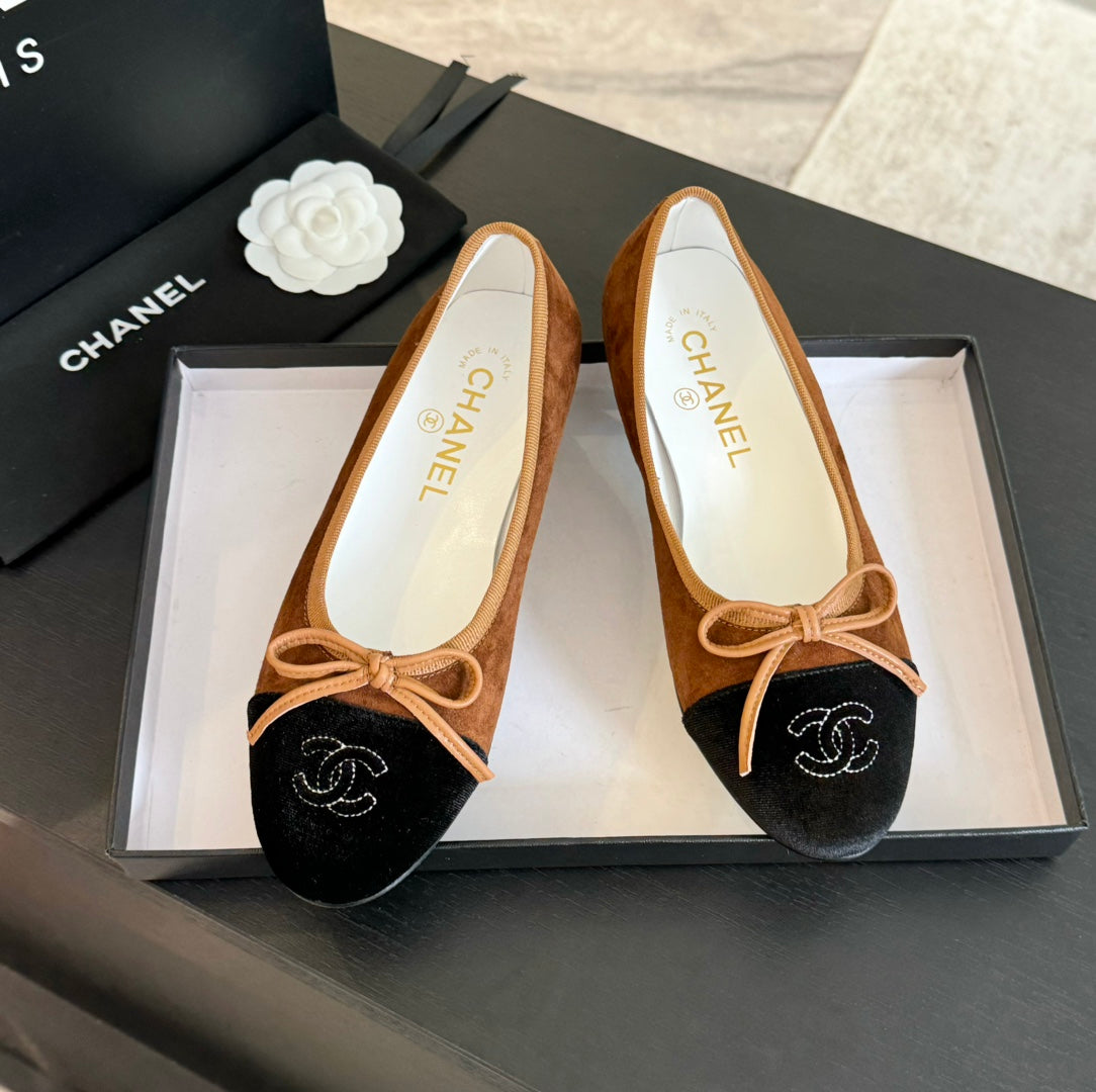 CHANEL ballet flat dark brown suede black canvas