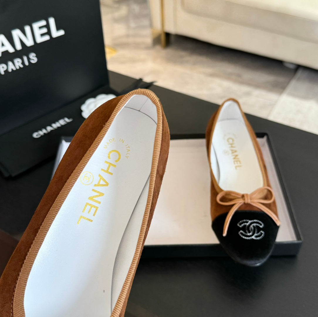 CHANEL ballet flat dark brown suede black canvas