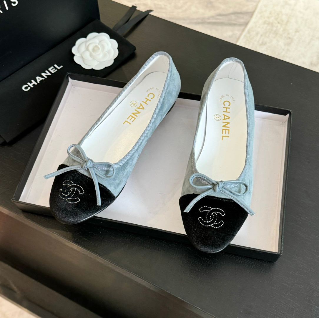 CHANEL ballet flat cloud blue suede black canvas