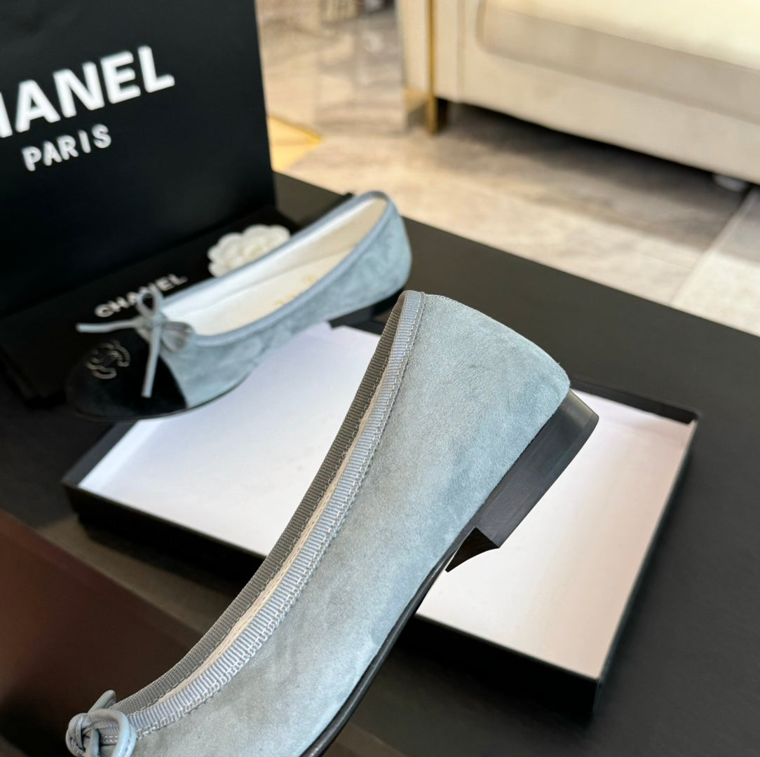 CHANEL ballet flat cloud blue suede black canvas