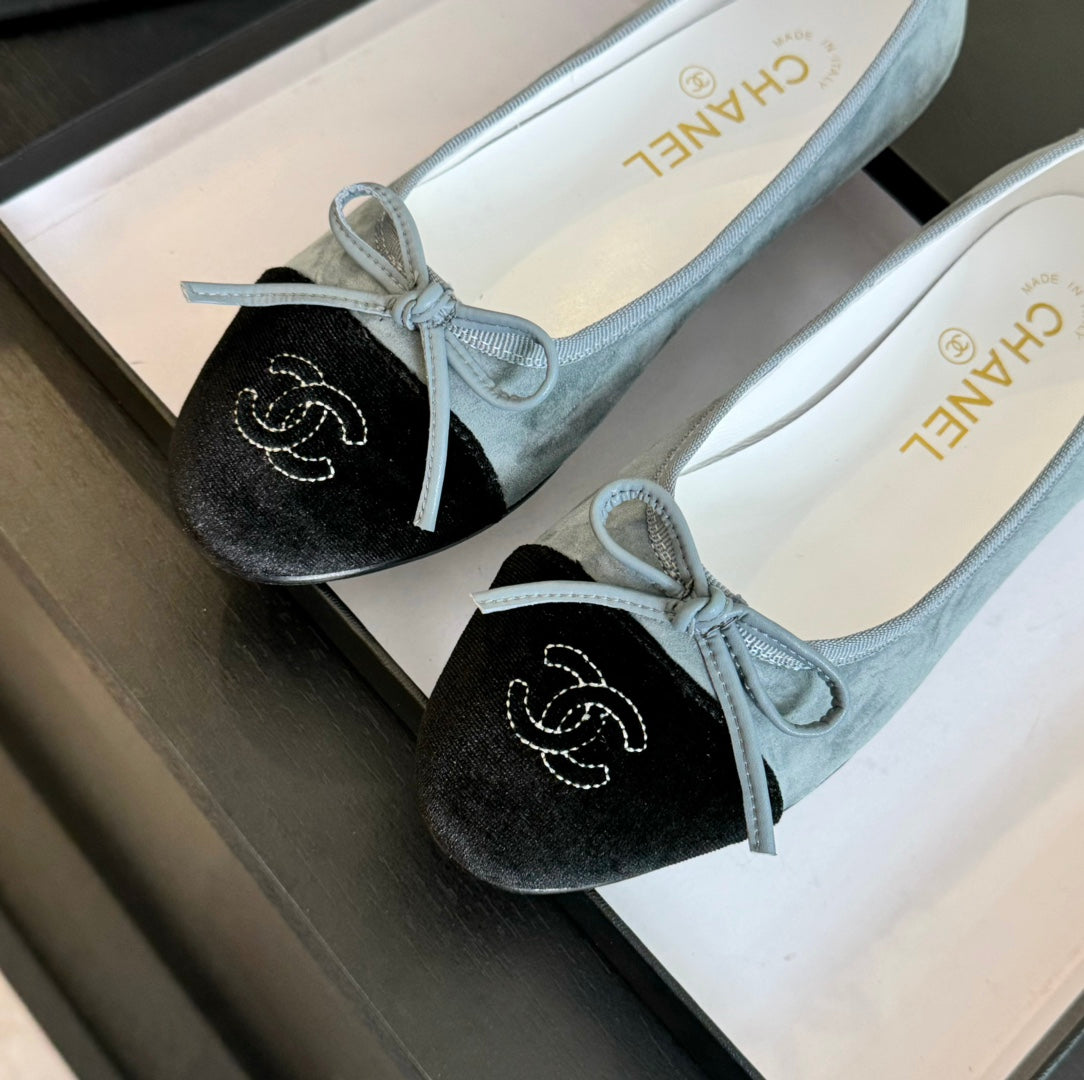 CHANEL ballet flat cloud blue suede black canvas