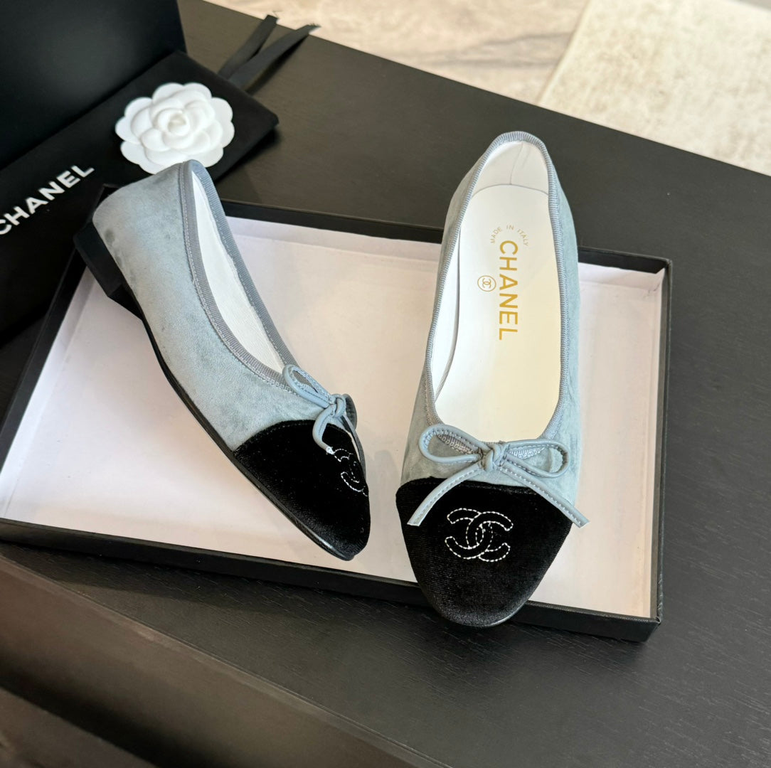 CHANEL ballet flat cloud blue suede black canvas