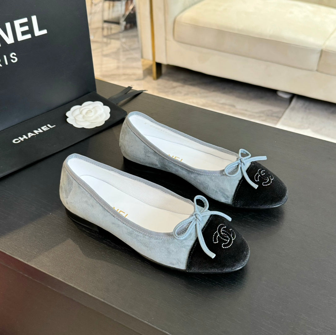 CHANEL ballet flat cloud blue suede black canvas