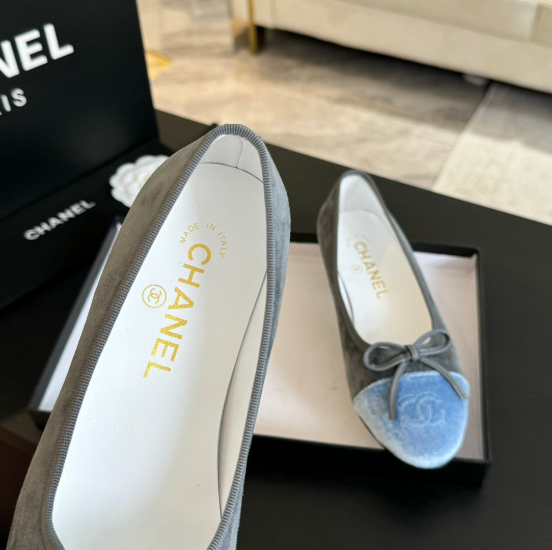 CHANEL ballet flat grey suede cloud blue canvas
