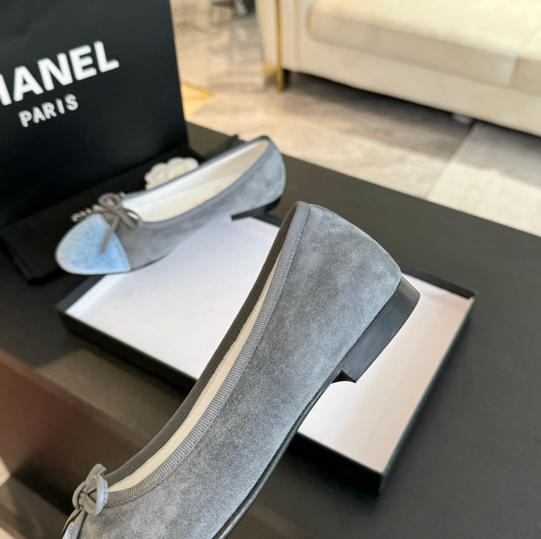 CHANEL ballet flat grey suede cloud blue canvas