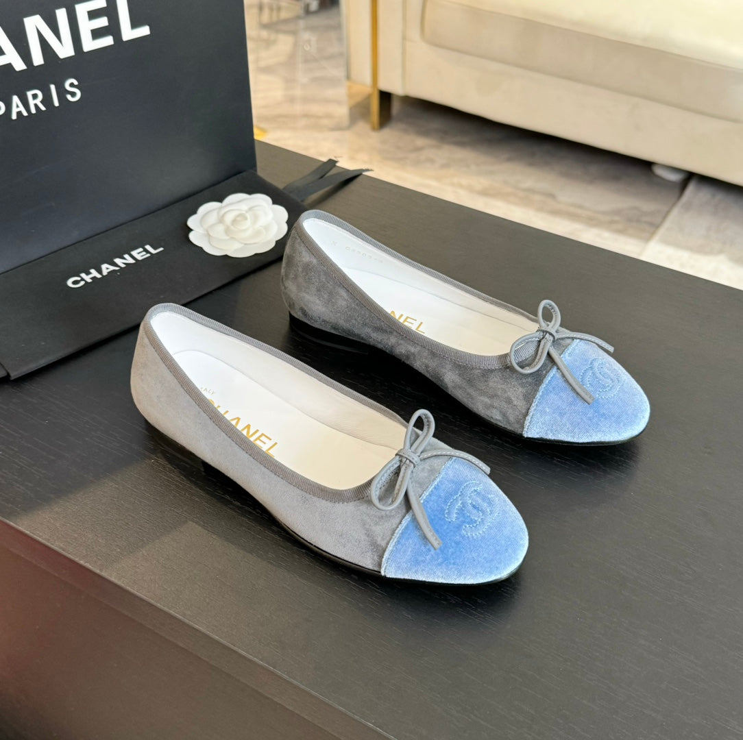 CHANEL ballet flat grey suede cloud blue canvas
