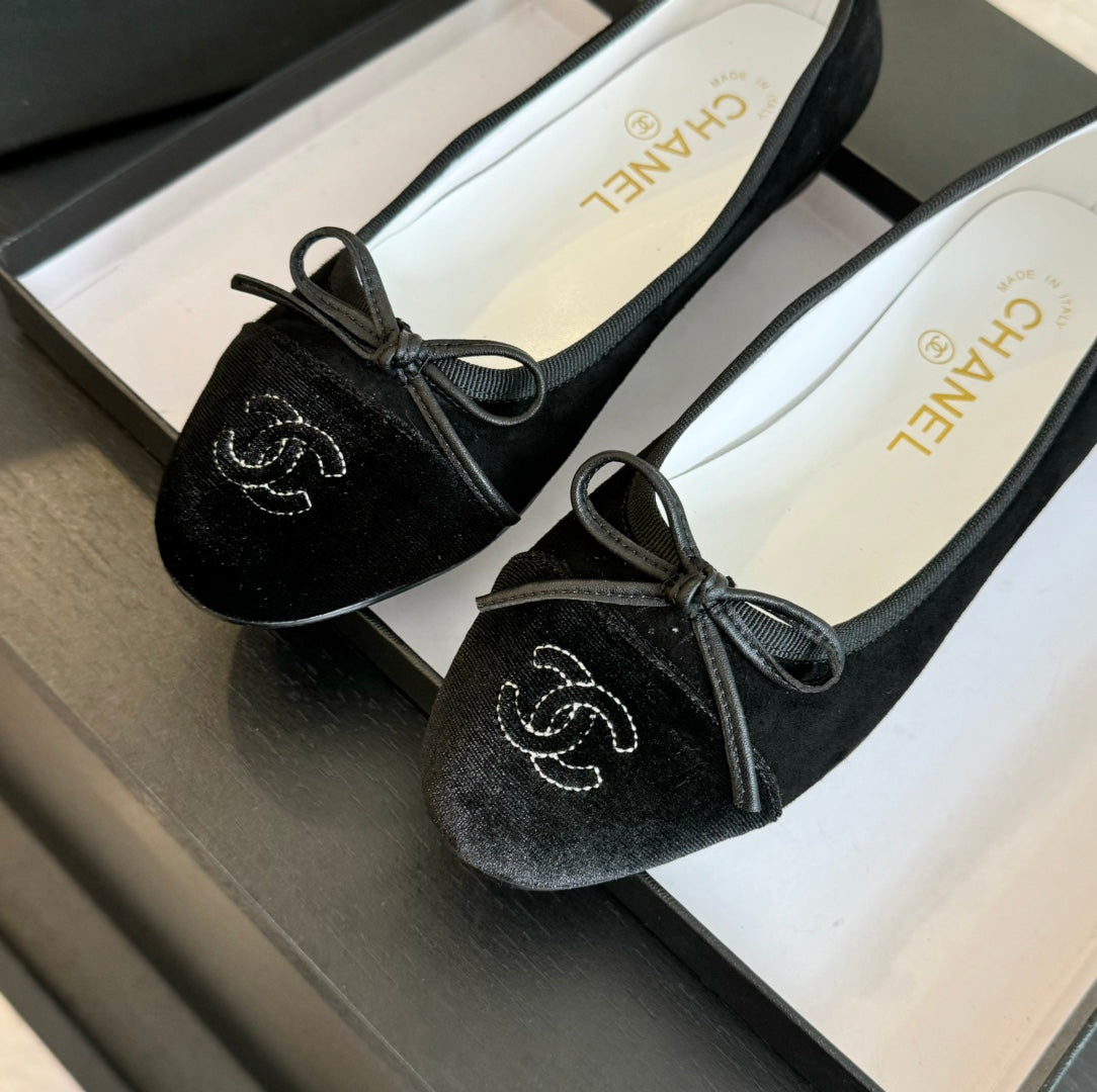 CHANEL ballet flat all black suede calfskin