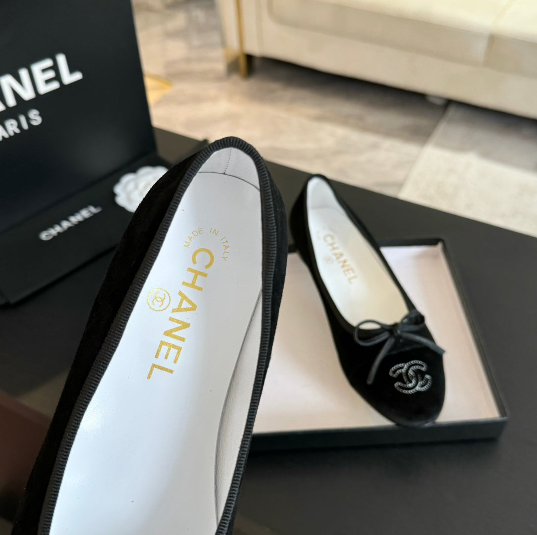 CHANEL ballet flat all black suede calfskin